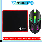 RGB Gaming Mouse with Mousepad – 7-Color LED, USB Wired, Medium Red Pad, No Side Buttons (Black & White)