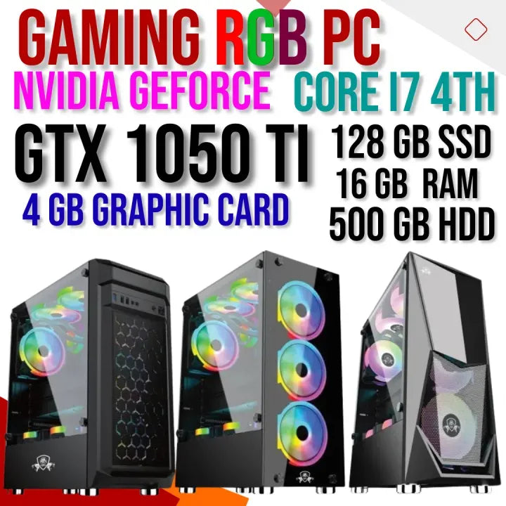 RGB Gaming PC – Core i7 4th Gen | 16GB RAM | 128GB SSD + 500GB HDD | GTX 1050 Ti 4GB | H81 Motherboard | 4 RGB Fans
