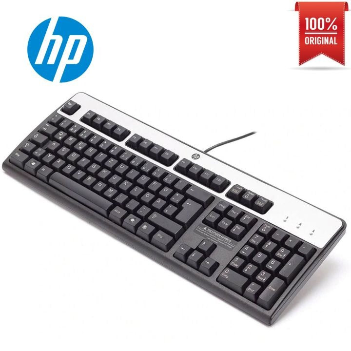 HP Wired USB Keyboard – Full-Size with Numeric Keypad, Black & Silver