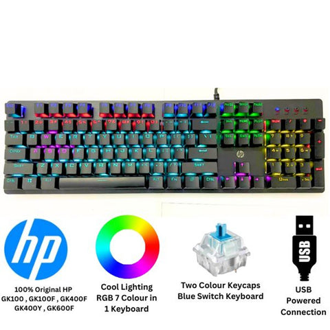 HP GK100 RGB Mechanical Gaming Keyboard – LED Backlit, Blue Switches, Anti-Ghosting, Wired USB