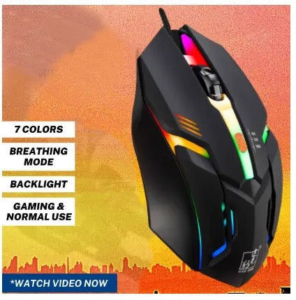 RGB Gaming Mouse with Mousepad – 7-Color LED, USB Wired, Medium Red Pad, Black & White