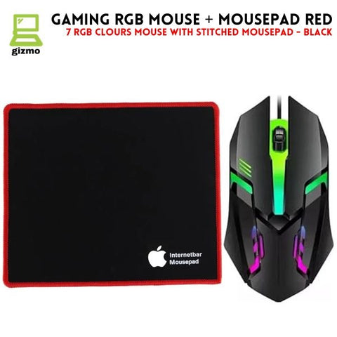 RGB Gaming Mouse with Mousepad – 7-Color LED, USB Wired, Medium Red Pad, Black & White