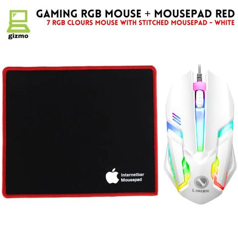 RGB Gaming Mouse with Mousepad – 7-Color LED, USB Wired, Medium Red Pad, Black & White