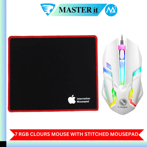 RGB Gaming Mouse with Mousepad – 7-Color LED, USB Wired, Medium Red Pad, No Side Buttons (Black & White)