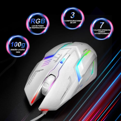 RGB Gaming Mouse with Mousepad – 7-Color LED, USB Wired, Medium Red Pad, Black & White