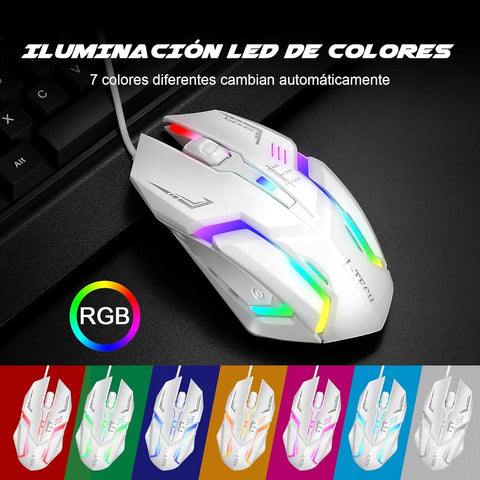 RGB Gaming Mouse with Mousepad – 7-Color LED, USB Wired, Medium Red Pad, Black & White
